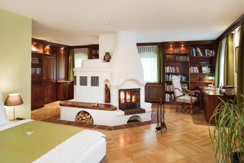 萨尔茨堡戴尔哈斯莱彻摩尔酒店的一间带壁炉的卧室位于客房中间