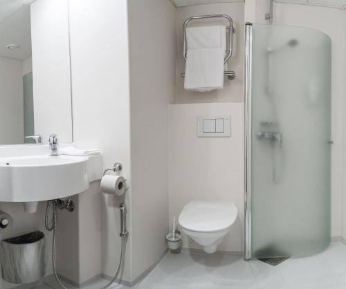 约恩苏GreenStar Hotel Joensuu的浴室配有卫生间、盥洗盆和淋浴。