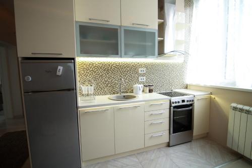 贝尔格莱德Savamala Lux Apartment的一间带冰箱和水槽的小厨房