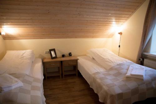 霍芬瓦穆尔公寓酒店的一间卧室设有两张床和木制天花板