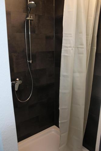 厄林根Bismarck Hostel Öhringen的带淋浴和浴帘的浴室