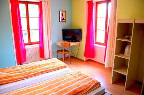 维特伯夫得乐奥斯酒店的一间卧室设有2个窗户、一张床和一张书桌