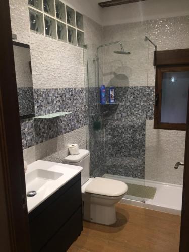 巴尔德甘加Casa Rivera Río Jucar的浴室配有卫生间、淋浴和盥洗盆。