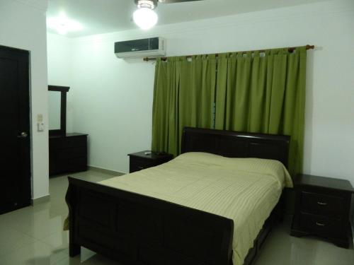 圣地亚哥洛斯卡巴Residencial Vista Del Bosque的一间卧室配有床和绿帘