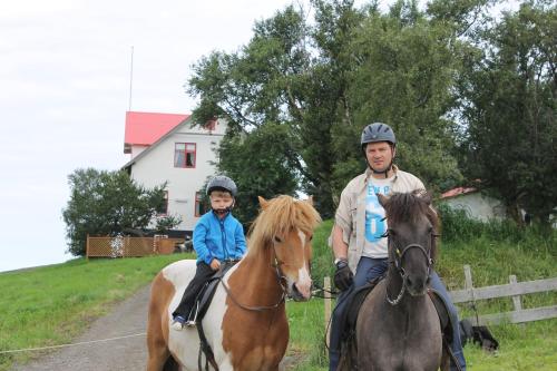 GeitaskardFerðaþjónustan Geitaskarði的男人和孩子与男人一起骑马
