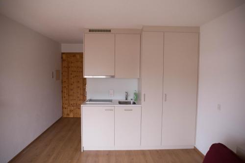 苏尔勒吉Chesa Surlej Apartment的白色的厨房配有白色橱柜和木地板