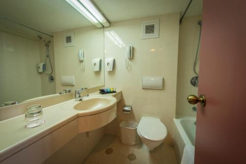 耶路撒冷Shalom Jerusalem Hotel的一间带水槽、卫生间和镜子的浴室
