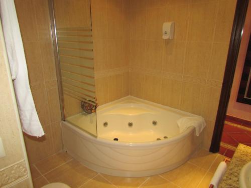 拉瓜迪亚Hotel Real Castillo的浴室角落的浴缸