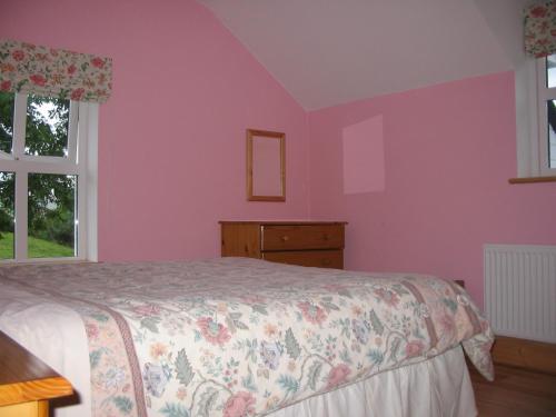 肯梅尔Feirm Cottage的卧室设有粉红色的墙壁、一张床和窗户