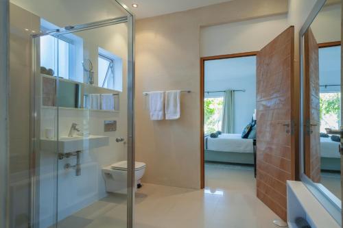 科梅奇Greenways Drive Apartment的一间带卫生间和玻璃淋浴间的浴室