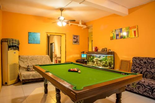海口海口巴纳纳国际青年旅舍的客厅设有台球桌和鱼缸