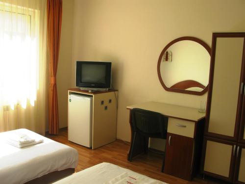 Radnevo纳克拉酒店的一间酒店客房,配有一张床、一台电视和一面镜子