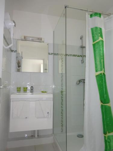 圣吕斯克雷奥林公寓的一间带玻璃淋浴和水槽的浴室