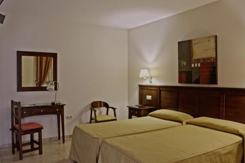 扎弗拉卡门酒店的一间卧室配有一张床、一张书桌和一面镜子