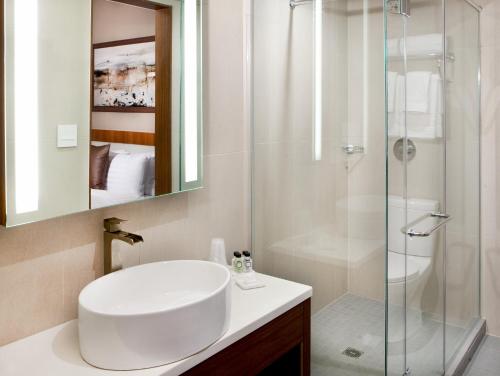 剑桥波特广场酒店的白色的浴室设有水槽和淋浴。
