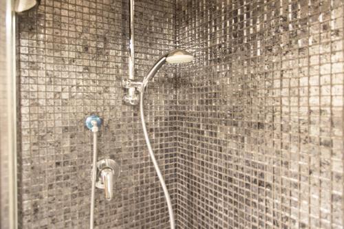 巴里Cairoliapartment的带淋浴的浴室,浴室设有砖墙