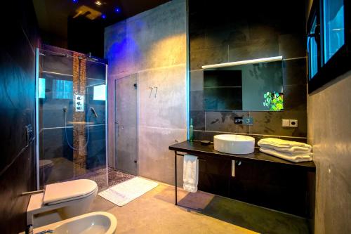 圣塞瓦斯蒂安Villa Lanperna的一间带水槽、淋浴和卫生间的浴室
