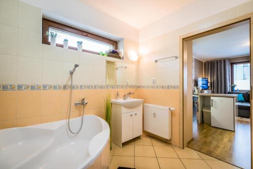 利普托斯基米库拉斯Apartman Elegance的带浴缸和盥洗盆的浴室