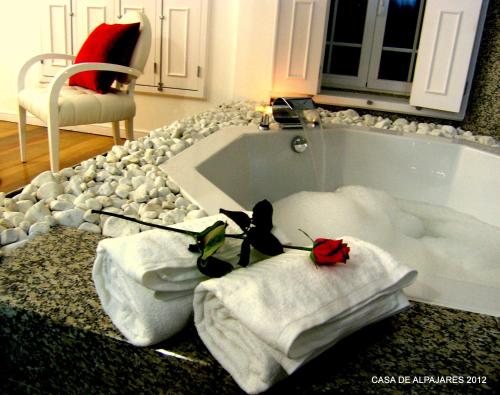 弗雷舒德埃什帕达阿辛塔Casa de Alpajares - Guest House & Spa的一间带毛巾和椅子的浴缸的浴室