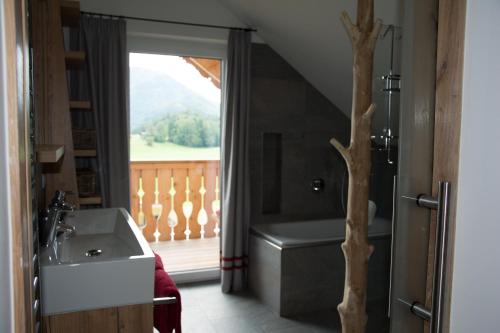 法伊施特瑙Bramsauerhof的一间带水槽和浴缸的浴室以及窗户。