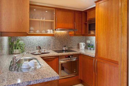 德拉塞尔瓦港Apartamento Torre Gran Luxe的一个带木制橱柜和水槽的厨房