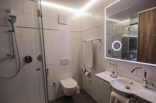 新特劳布灵Hotel7Continents的带淋浴、卫生间和盥洗盆的浴室