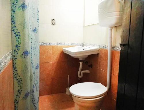 埃斯特角城Planet Punta del Este Hostel的一间带卫生间和水槽的浴室