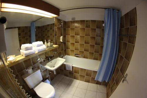 Surcuolm苏尔塞瓦酒店的浴室配有盥洗盆、卫生间和浴缸。