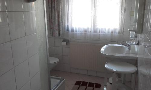 多恩比恩伯利恒旅馆的白色的浴室设有水槽和卫生间。