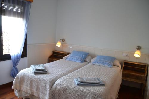 MontsonisGolfes Cal Gravat的一间卧室配有两张带蓝色枕头的床和窗户。