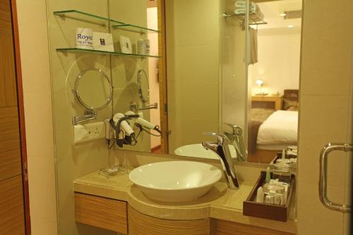 拉杰果德Comfort Inn Legacy的一间带水槽和镜子的浴室