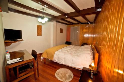 圣地亚哥维加斯酒店的一间卧室配有一张床、一张桌子和一台电视。
