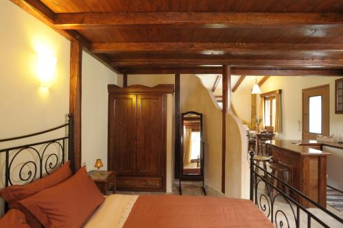 LefkimmiApolithomeno Dasos Holiday Villas的一间卧室配有一张床和一间厨房