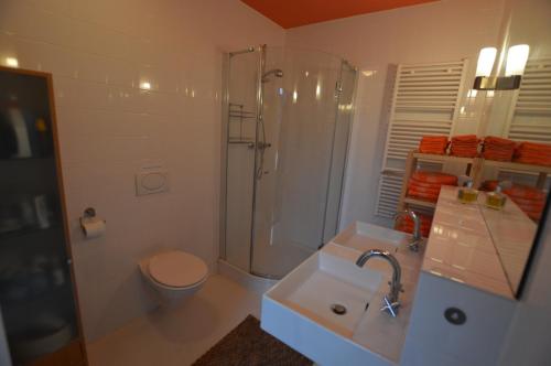 奈梅亨B&B Stadsoase Nijmegen的带淋浴、卫生间和盥洗盆的浴室