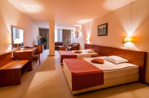 瓦尔纳广场酒店的酒店客房设有三张床和一间客厅。
