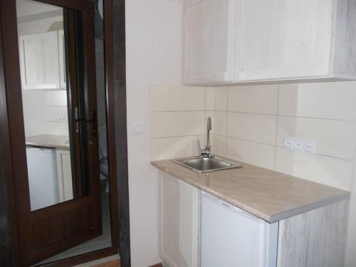 巴库里阿尼EP Apartment in Mgzavrebi Bakuriani的白色的厨房设有水槽和门