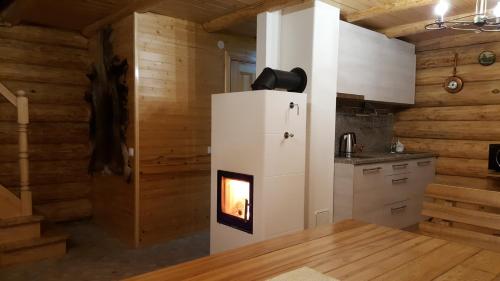 萨拉斯皮尔斯Lindiki的带冰箱和壁炉的厨房