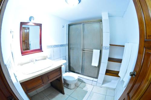 马那瓜欧罗裴傲酒店 的一间带水槽、淋浴和卫生间的浴室