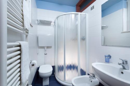 里乔内Hotel Astra的带淋浴、卫生间和盥洗盆的浴室