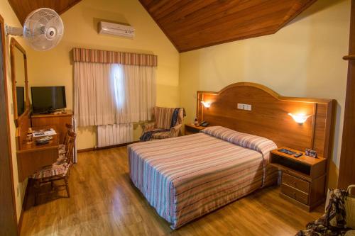 格拉玛多Hotel Sky Gramado的酒店客房,配有床和电视