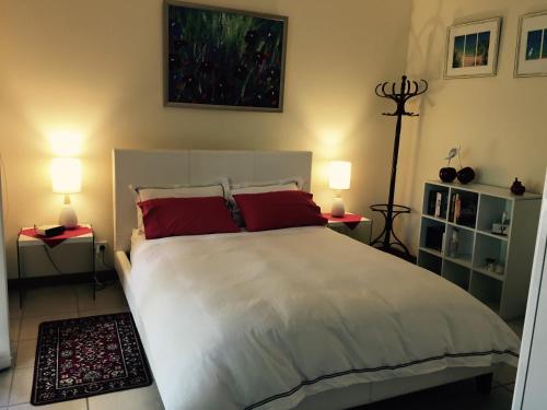 克莱尔克拉雷瓦小屋住宿加早餐旅馆的卧室配有带红色枕头的大型白色床