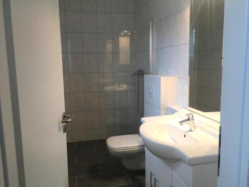 瓦尔内明德Apartment Warnemünde 19的一间带卫生间、水槽和镜子的浴室
