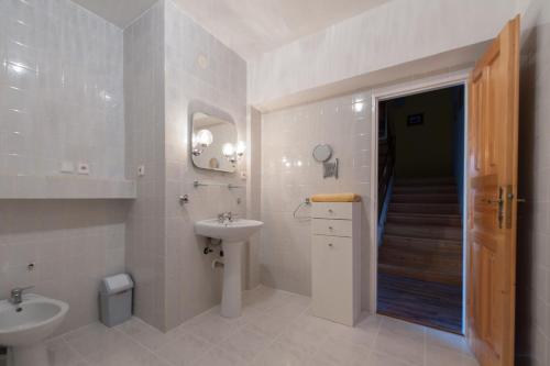 捷克克鲁姆洛夫捷克家庭度假屋的一间带水槽、卫生间和楼梯的浴室