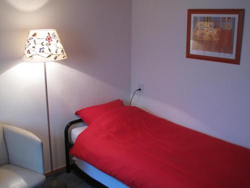 埃德文森特阁楼住宿加早餐旅馆的一间卧室配有一张红色的床、一盏灯和一把椅子