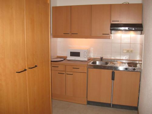 菲拉赫Holiday Apartments Warmbad的厨房配有木制橱柜、水槽和微波炉