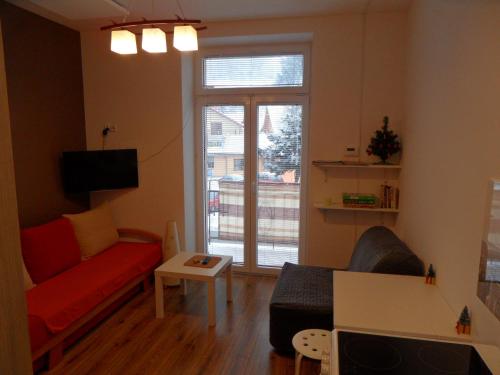 克雷尼察Apartament Kraszewskiego的客厅设有红色的沙发和窗户。