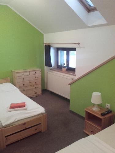 哈拉霍夫Hotel Anna的一间卧室设有绿色的墙壁、一张床和窗户
