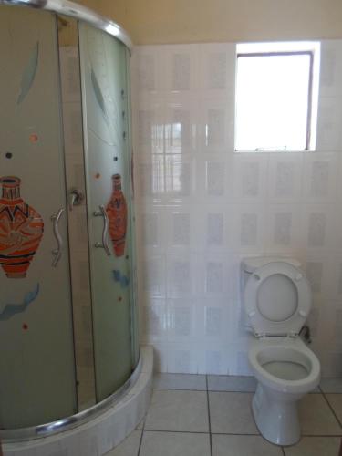 弗朗西斯敦Hardrock Guest House的一间带卫生间和玻璃淋浴间的浴室