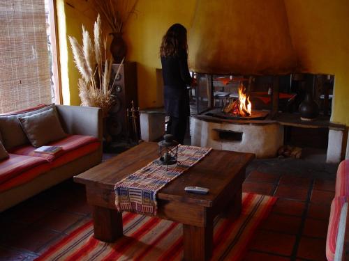 蒂尔卡拉林孔德富埃戈宾馆的站在带壁炉的客厅中的女人