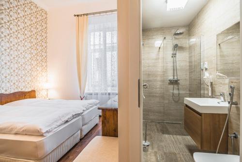 普雷绍夫CenterCity Apartments的配有床、淋浴和盥洗盆的浴室